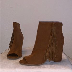 Brown suede peep toe heels